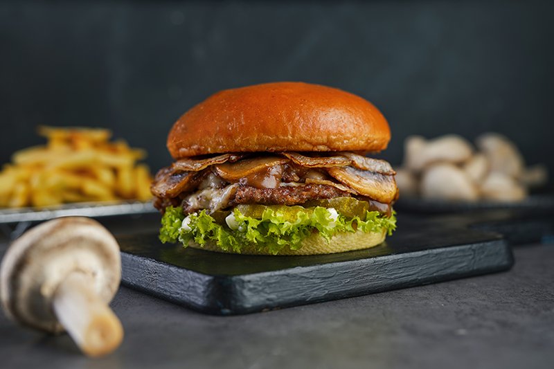 Swiss and Mushroom Burger Plated